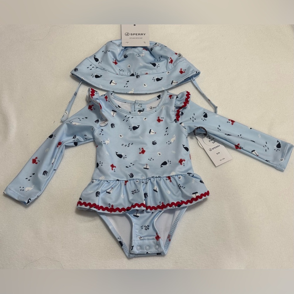 Infant Girl 12M 2-Pc Sperry Light Blue Nautical Baby Swimsuit With Hat Set NWT